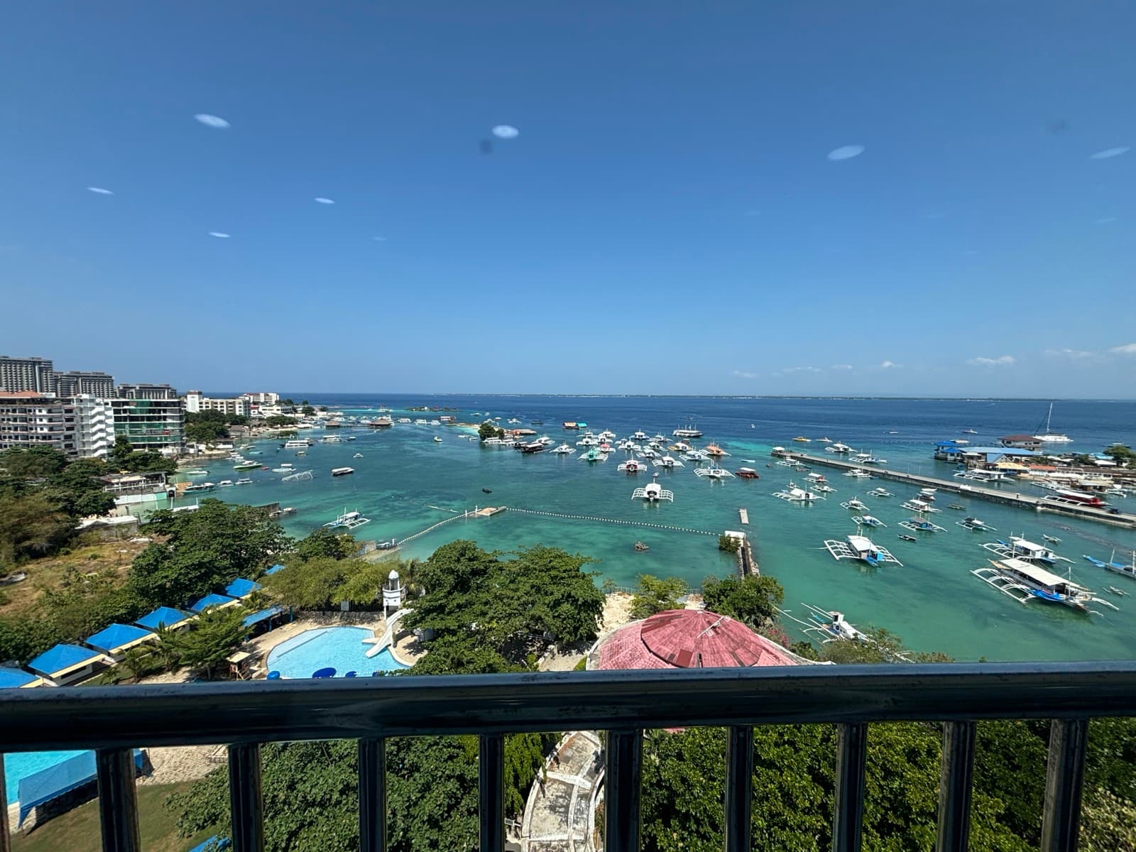 麦克坦岛校区阳台俯瞰的渔港海湾，螃蟹船停满近岸