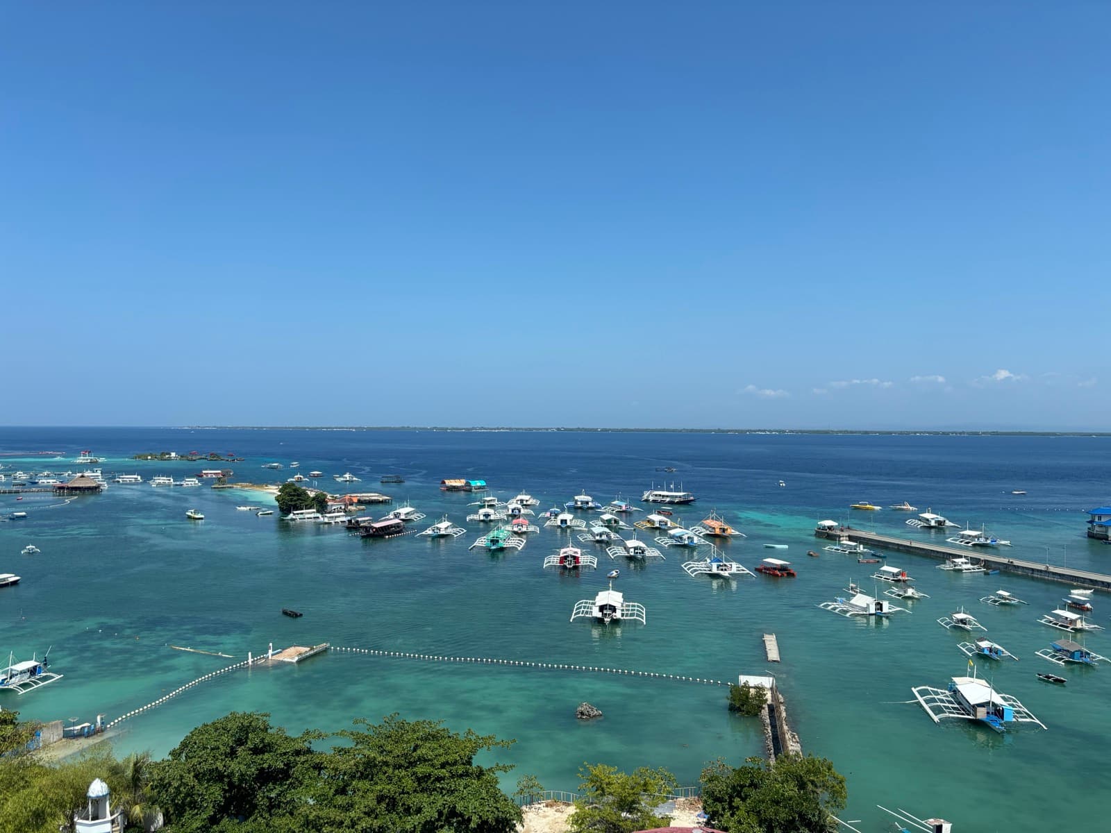 麦克坦岛外的海湾，跳岛用的螃蟹船密密麻麻停在浅水区——从市区的学校打车过来只要半小时