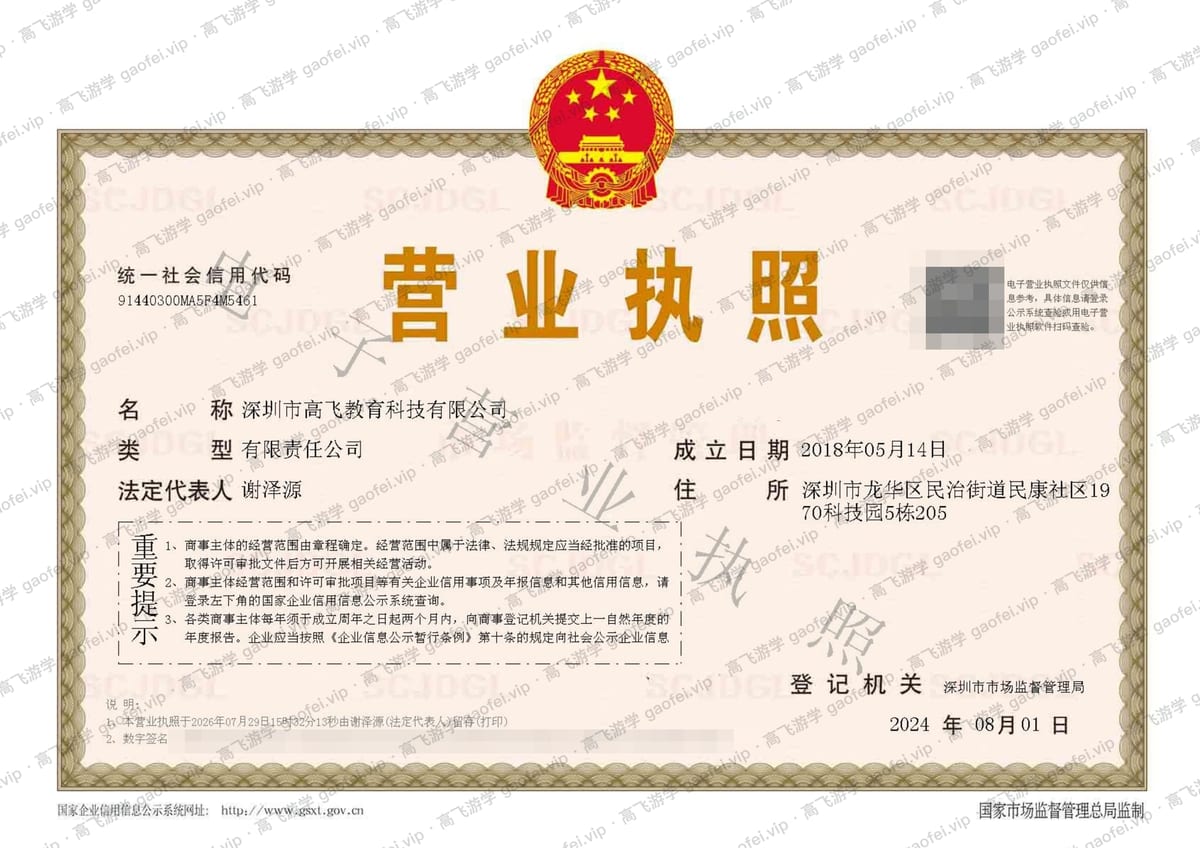 深圳市高飞教育科技有限公司营业执照